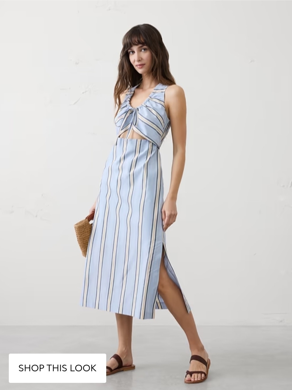 Banana Republic Cinched Cutout Blue Striped Midi Dress